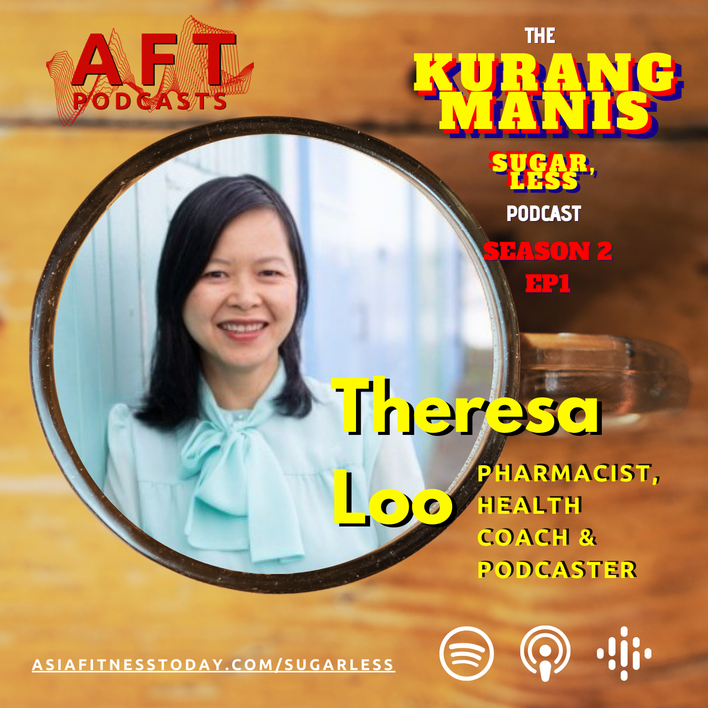 The Kurang Manis (Sugar,Less) Podcast Cover featuring Theresa Loo, Pharmacist, Health Coach and Podcaster
